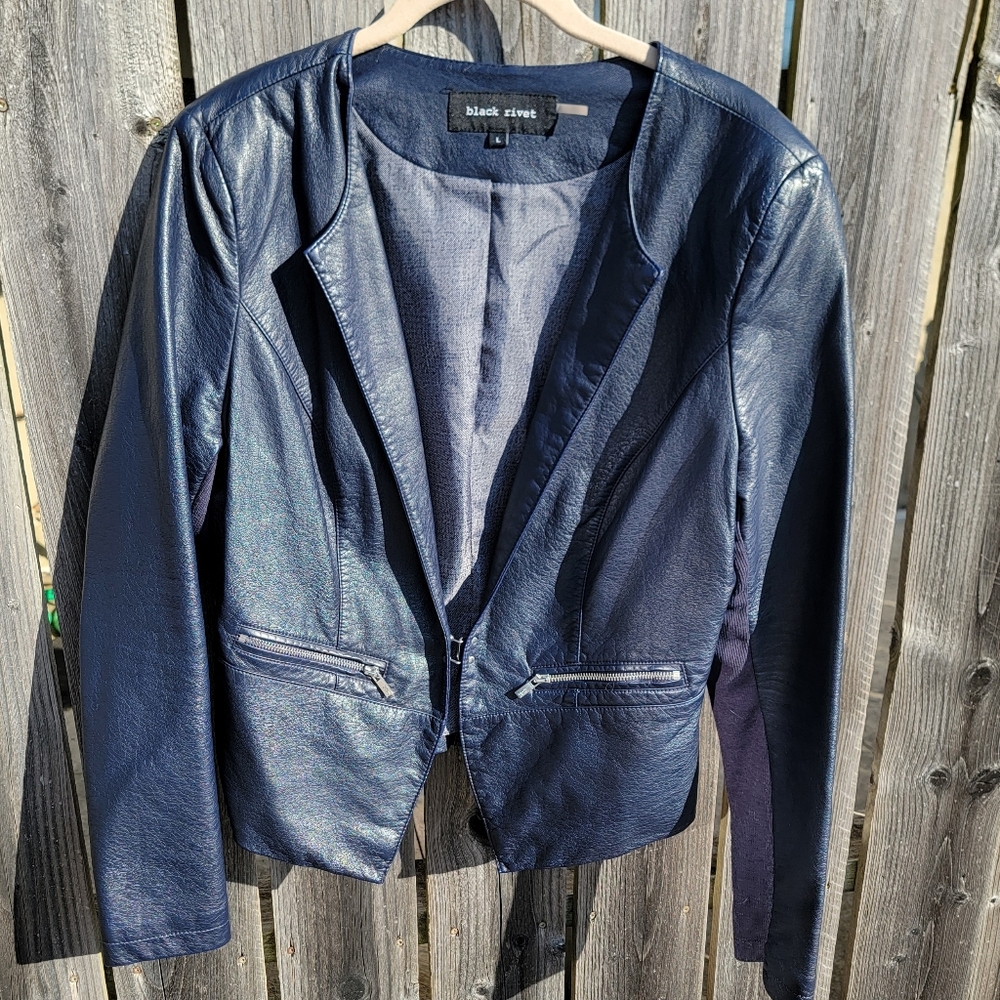 Black Rivet Womens Dark Navy Faux Leather Rocker Blazer Jacket Sz Large